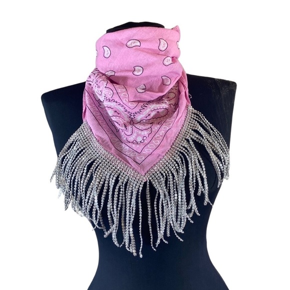 Fringed Rhinestone Decorative Pink Bandana - Picture 3 of 10